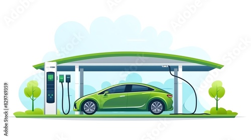 electric vehicle charging station flat design front view green transportation cartoon drawing Triadic Color Scheme