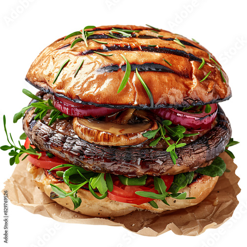 Grilled portobello mushroom burger die cut PNG style isolated on white and transparent background photo
