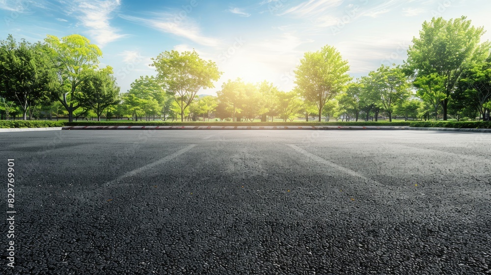 a scenic park, verdant green grass and towering trees frame a clear blue sky, while an asphalt road stretches into the distance, presenting a tranquil nature landscape perfect. a scenic park, verdant green grass and towering trees frame a clear blue sky, while an asphalt road stretches into the distance, presenting a tranquil nature landscape perfect.