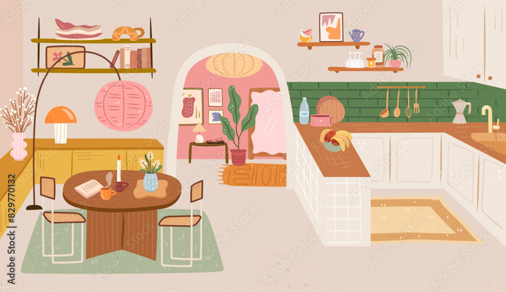 Cozy kitchen interior in boho style retro decor. Flat hand drawn background illustration of kitchen studio