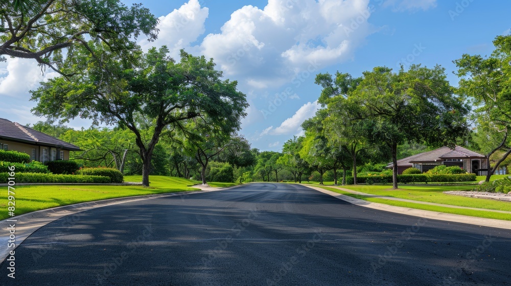 a scenic park, verdant green grass and towering trees frame a clear blue sky, while an asphalt road stretches into the distance, presenting a tranquil nature landscape perfect. a scenic park, verdant green grass and towering trees frame a clear blue sky, while an asphalt road stretches into the distance, presenting a tranquil nature landscape perfect.