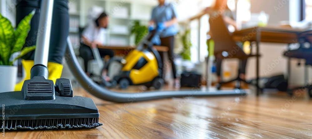 Fototapeta premium Professional cleaning crew using vacuum in spacious office with employees in background