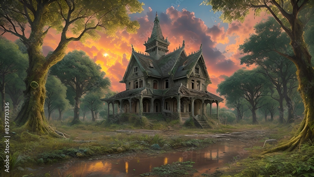 Obraz premium Natural scenery in a forest with ancient building