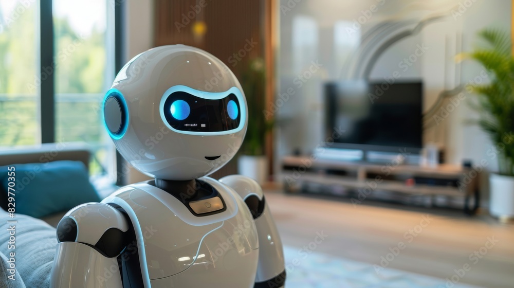 A smart home device is displayed on a table in a living room A smart home device is displayed on a table in a living room