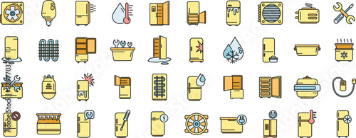 Refrigerator repair icons set outline vector. Fridge door. Open cold thin line color flat on white