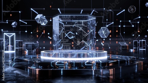 Futuristic podium made of transparent acrylic  with intricate circuitry patterns glowing within  surrounded by holographic displays and floating geometric shapes