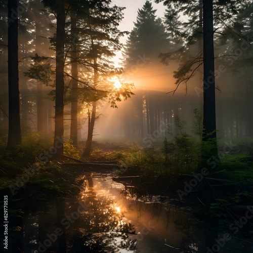 Sunrise in the misty forest with tall trees. Generative AI.