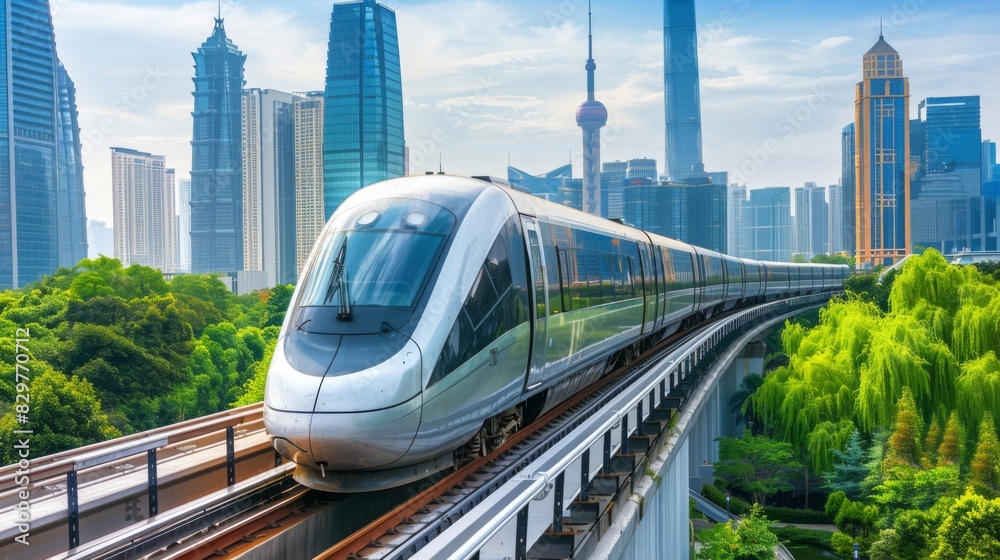 A sleek high-speed train gliding along elevated tracks against a modern city skyline, showcasing efficient urban transportation. A sleek high-speed train gliding along elevated tracks against a modern city skyline, showcasing efficient urban transportation.