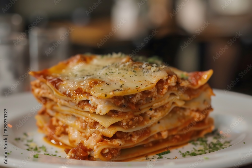 A slice of traditional lasagna served on a white plate
