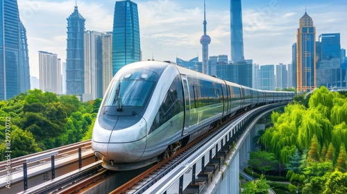A sleek high-speed train gliding along elevated tracks against a modern city skyline, showcasing efficient urban transportation.
