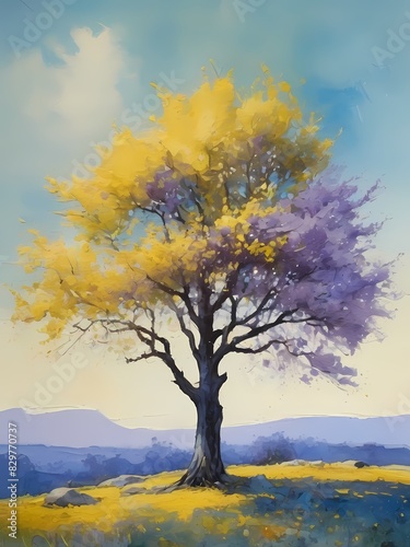 Painting of a tree  yellow  purple generative AI illustration 