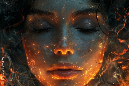 A stunning digital creation showcasing a woman's face with fiery elements, evoking a sense of fantasy and artistry © Dacha AI