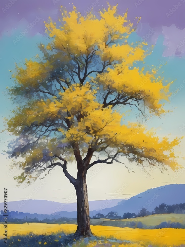 Painting of a tree, yellow, purple generative AI illustration Painting of a tree, yellow, purple generative AI illustration
