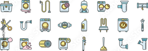 Washing machine repair icons set outline vector. Broken appliance. Washing accident thin line color flat on white