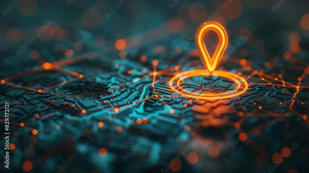 A glowing digital location pin with a wireframe design on a dark background A glowing digital location pin with a wireframe design on a dark background