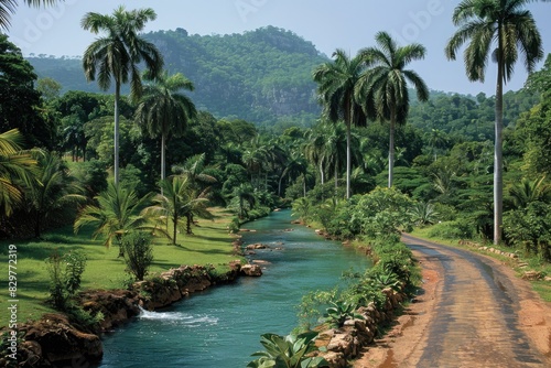 the river along with a road going through the border of the road professional photography