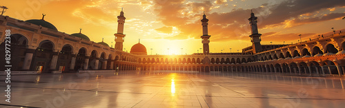 the courtyard of a Mosque landmark peaceful majestic worship landscape sun on background photo