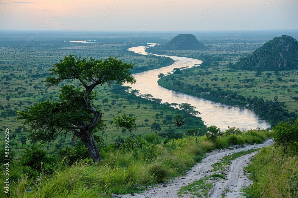 the river along with a road going through the border of the road professional photography