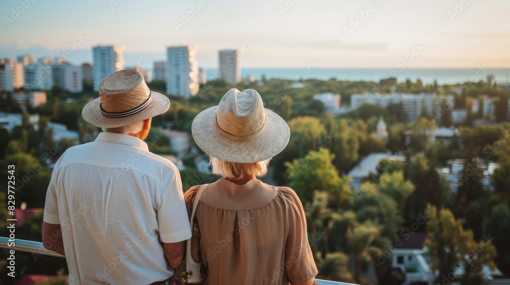 Senior couple enjoying cityscape and ocean view on summer vacation, admiring the scenic beauty Senior couple enjoying cityscape and ocean view on summer vacation, admiring the scenic beauty