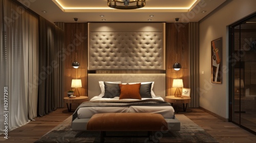 A stylish bedroom with a tufted headboard, decorative pillows, and a modern chandelier hanging from the ceiling.