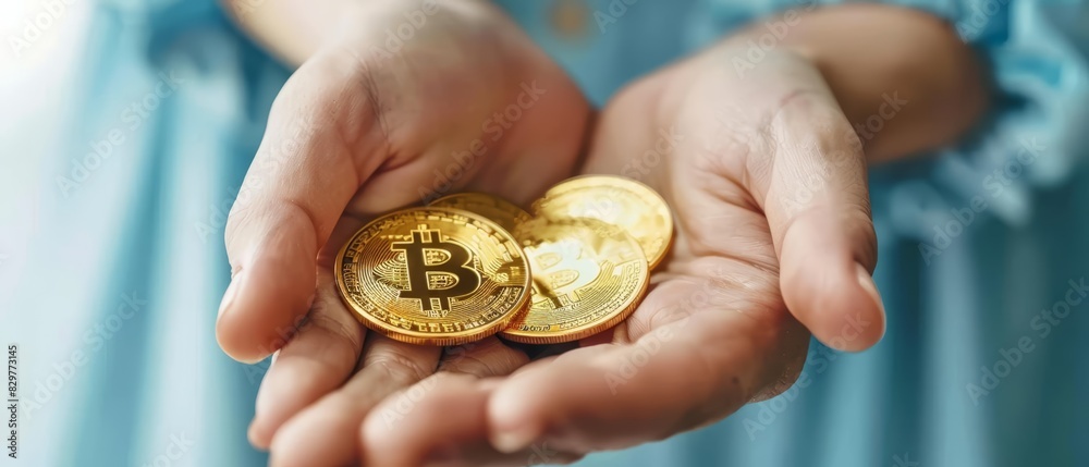 A person holding a golden Bitcoin in their hand, with a blue shirt in the background, close up A person holding a golden Bitcoin in their hand, with a blue shirt in the background, close up
