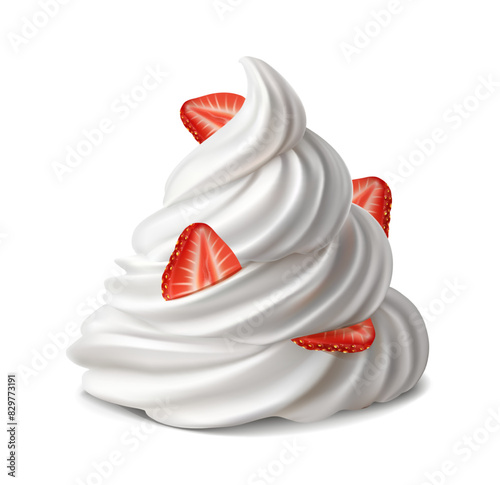 realistic vector icon illustration. White whipped cream with whole  half strawberries.