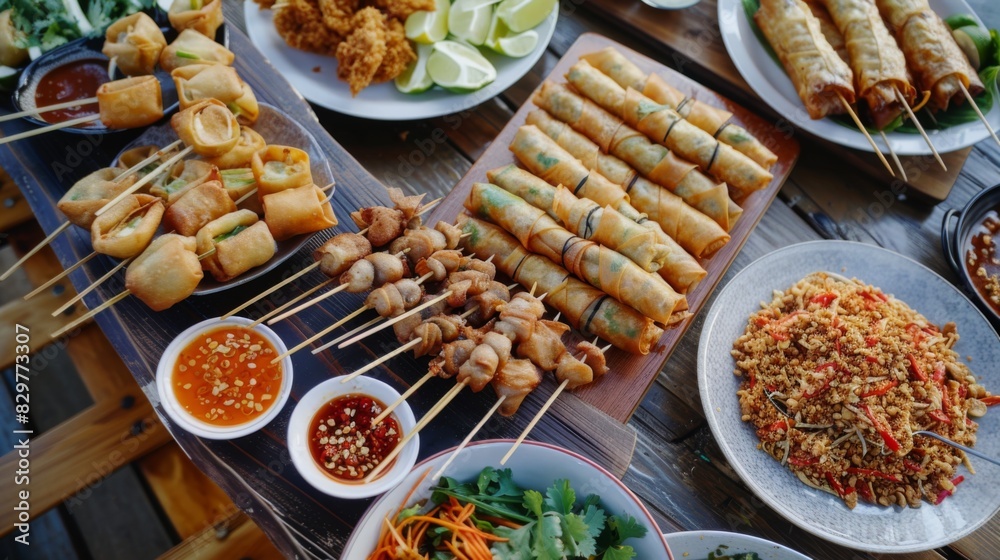 Obraz premium A table full of Thai appetizers like spring rolls, satay skewers, and spicy dipping sauces, ready to be enjoyed.