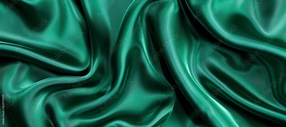 Green silk fabric drapery background with wavy satin texture pattern and shiny curtain effect Green silk fabric drapery background with wavy satin texture pattern and shiny curtain effect