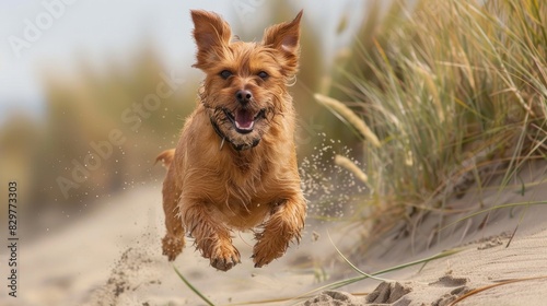 Boundless Joy  Tiny Dog Frolicking Across Sunlit Sand