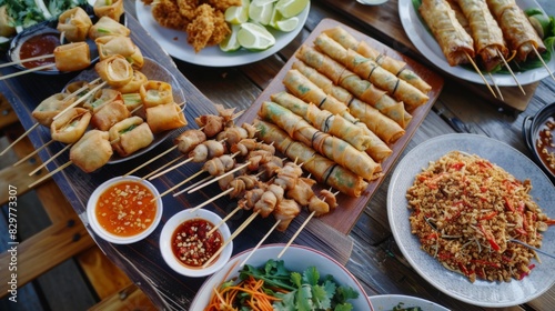 A table full of Thai appetizers like spring rolls, satay skewers, and spicy dipping sauces, ready to be enjoyed.
