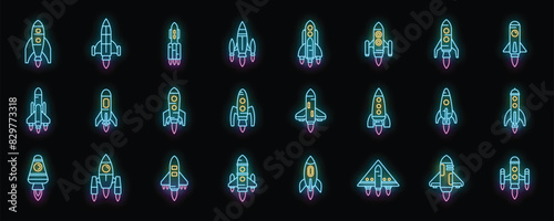 Spacecraft launch icons set outline vector. Rocket ship. Cosmos future neon color on black