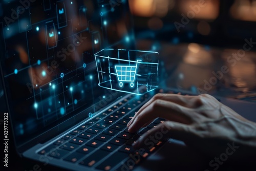 A person uses a laptop to add an item to an online shopping cart Closeup shot focusing on the hand hovering over the glowing shopping cart icon photo