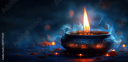 Burning candle with aromatic incense creating serene ambiance in dark.