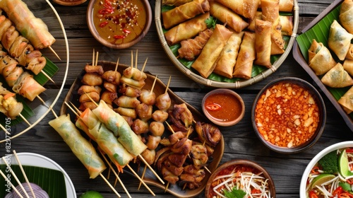 A table full of Thai appetizers like spring rolls, satay skewers, and spicy dipping sauces, ready to be enjoyed. photo