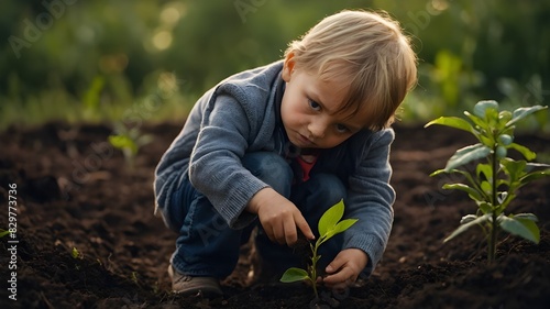 A Young Child's Innocent Gaze into Planting Plants, Innocent Eyes of a Young Child Watching Planting Plants, Young Child's Wonder while Planting Plants, Planting Plants with a Child's Innocent Gaze, 