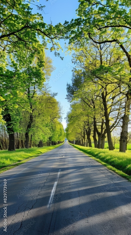 a scenic park, verdant green grass and towering trees frame a clear blue sky, while an asphalt road stretches into the distance, presenting a tranquil nature landscape perfect. a scenic park, verdant green grass and towering trees frame a clear blue sky, while an asphalt road stretches into the distance, presenting a tranquil nature landscape perfect.