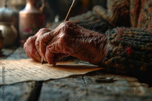 Close-up of an old womans hand as she writes on a piece of paper