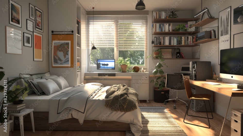 A teenager's bedroom with trendy decor, a comfortable bed, and a study nook with a computer and desk. A teenager's bedroom with trendy decor, a comfortable bed, and a study nook with a computer and desk.