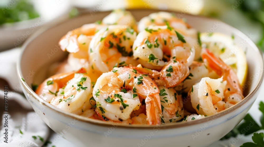 A bowl of shrimp scampi, garnished with parsley and lemon, sits ready to be enjoyed. The shrimp are tender and juicy, bathed in a rich, garlic-infused butter sauce. A bowl of shrimp scampi, garnished with parsley and lemon, sits ready to be enjoyed. The shrimp are tender and juicy, bathed in a rich, garlic-infused butter sauce.