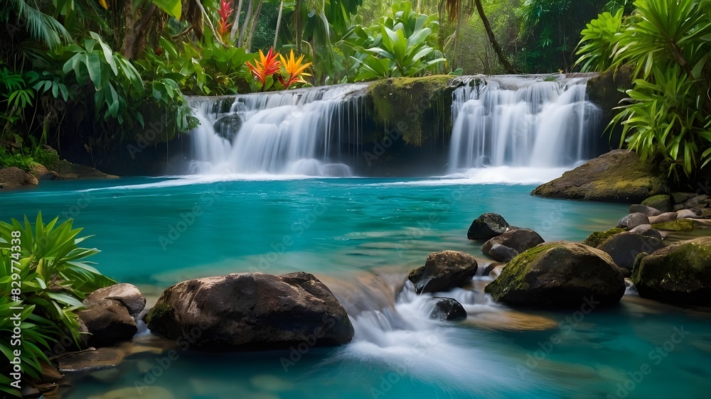 A Stunning Waterfall in a Tropical Setting with Lush Greenery - Capturing Nature's Beauty, Magnificent Tropical Waterfall Amidst Lush Foliage, Discover the Beauty of a Tropical Waterfall in a Lush 