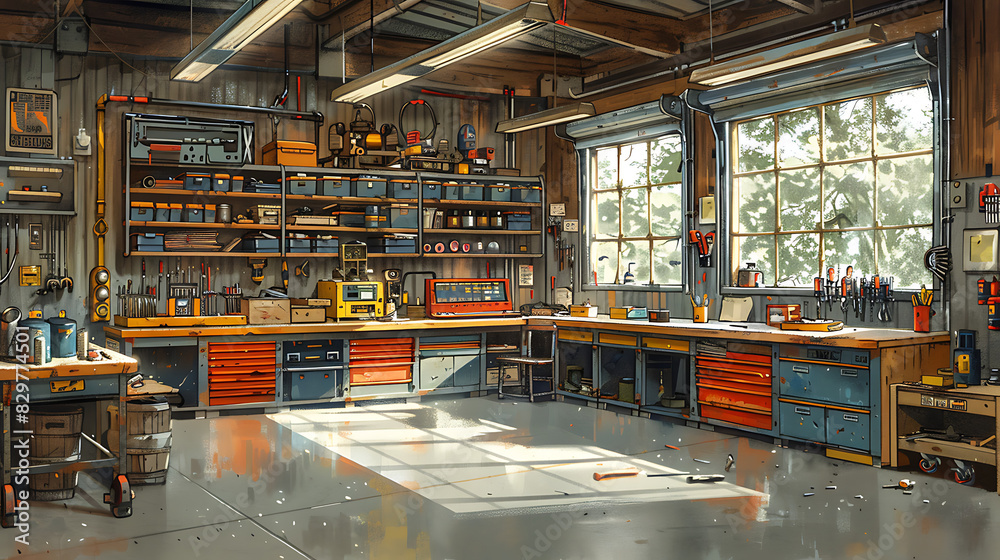 illustration of vocational training workshop student learning practical skill such carpentry welding or automotive repair Workbenches stocked tool material while instructor demonstrate technique safet