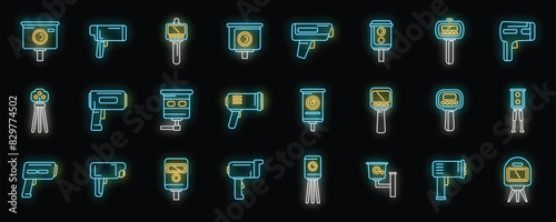 Speed radar icons set outline vector. Alert camera. Digital device neon color on black