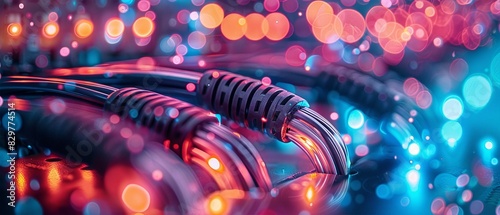 Colorful network cables with glowing bokeh effect symbolizing data communication and internet connectivity in a technologically advanced environment.