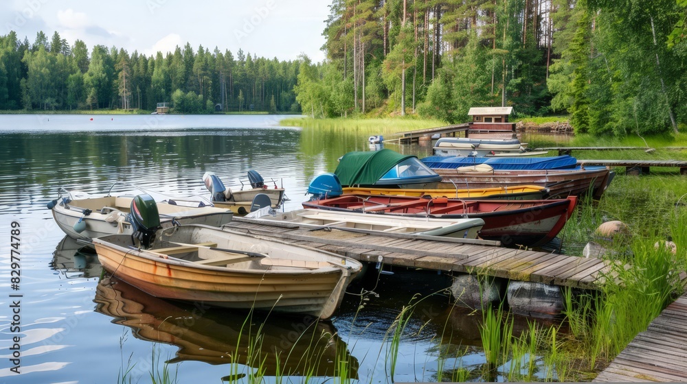 A collection of motor boats, cutters, and small fishing rowing boats are docked at a pier in a Finnish camping site. With a lush forest A collection of motor boats, cutters, and small fishing rowing boats are docked at a pier in a Finnish camping site. With a lush forest