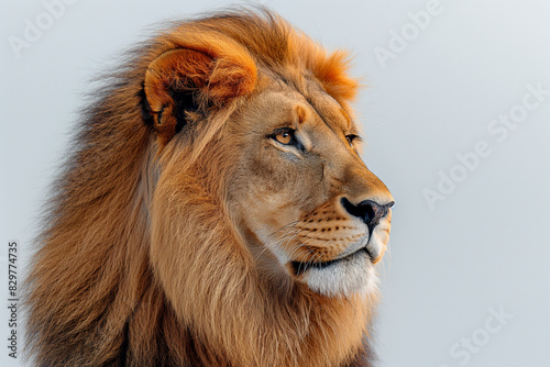 portrait of a lion  Behold the majestic presence of a lion captured in a captivating side view portrait  set against an isolated white background