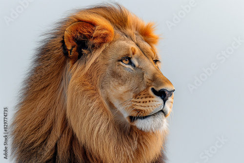 portrait of a lion, Behold the majestic presence of a lion captured in a captivating side view portrait, set against an isolated white background photo