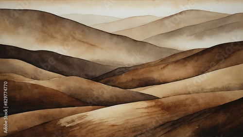 tranquil watercolor illustration of rolling brown hills, capturing the serene beauty of nature with soft, earthy tones and gentle curves, perfect for peaceful and calming decor photo