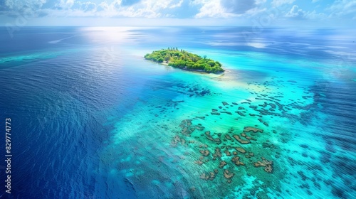 Amazing landscape view of an atoll surrounded by crystalclear waters, with vibrant coral reefs and exotic marine life, presented in synthwave color