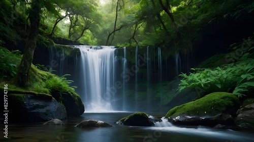 A Stunning Waterfall in a Tropical Setting with Lush Greenery - Capturing Nature's Beauty, Magnificent Tropical Waterfall Amidst Lush Foliage, Discover the Beauty of a Tropical Waterfall in a Lush 