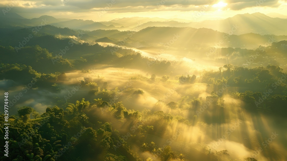 Naklejka premium Fog and sunlight united to create a picturesque landscape